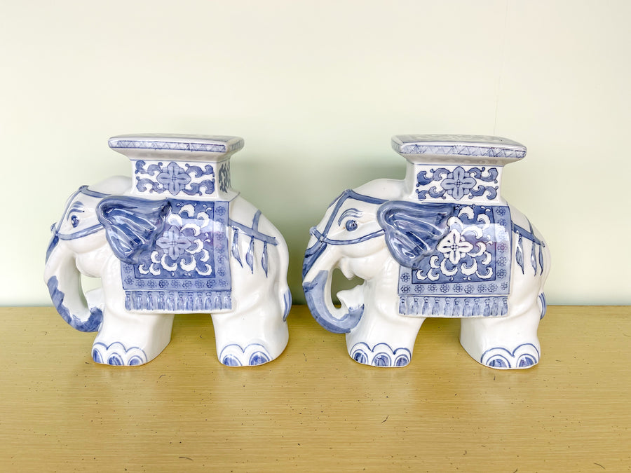 Pair of Petite Blue and White Elephant Garden Seats