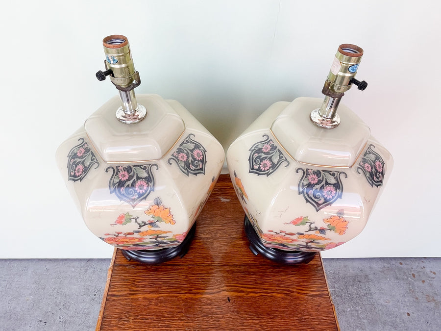 Pair of Colorful Floral Ginger Jar Lamps