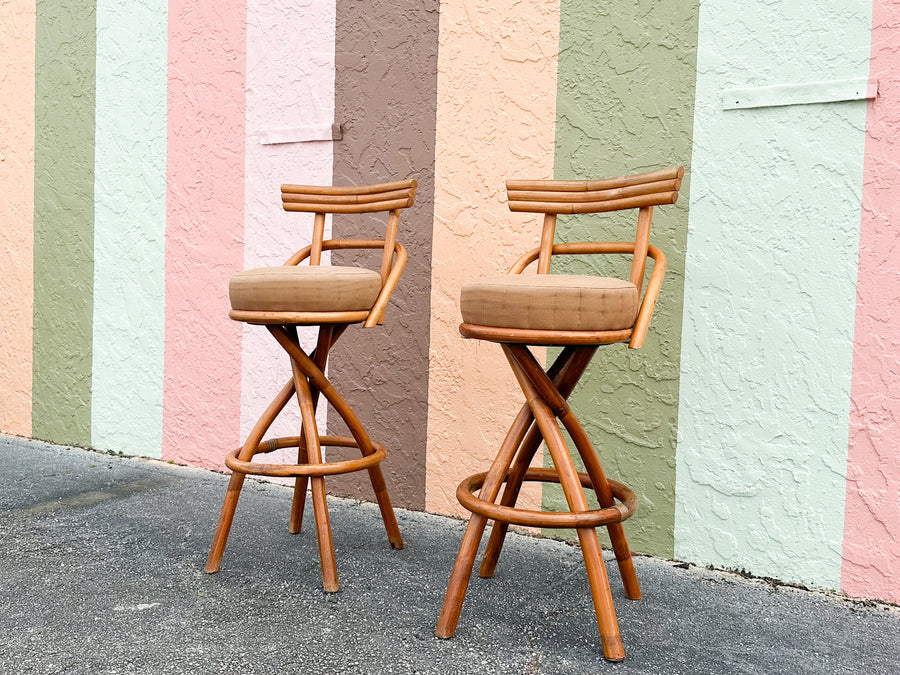 Pair of Old Florida Rattan Bar Stools