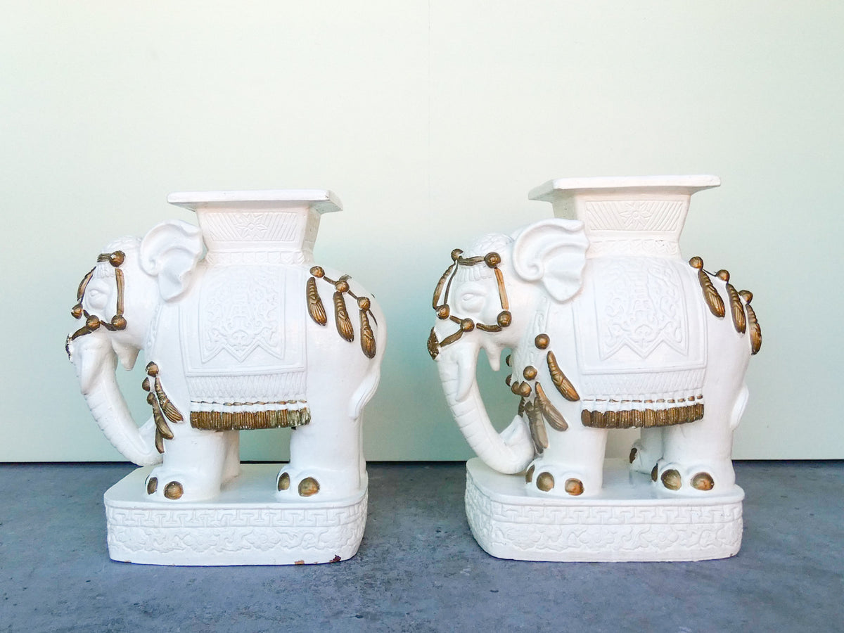 Pair of White Elephant Terracotta Garden Seats