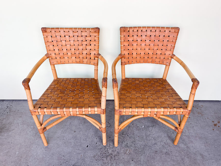 Pair of Leather and Rattan Arm Chairs