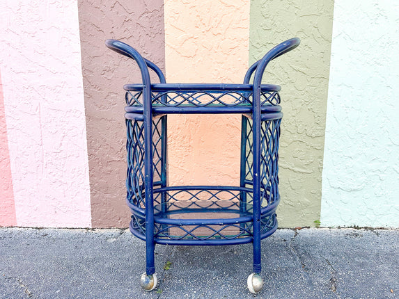 Navy Rattan Bar Cart on Castors