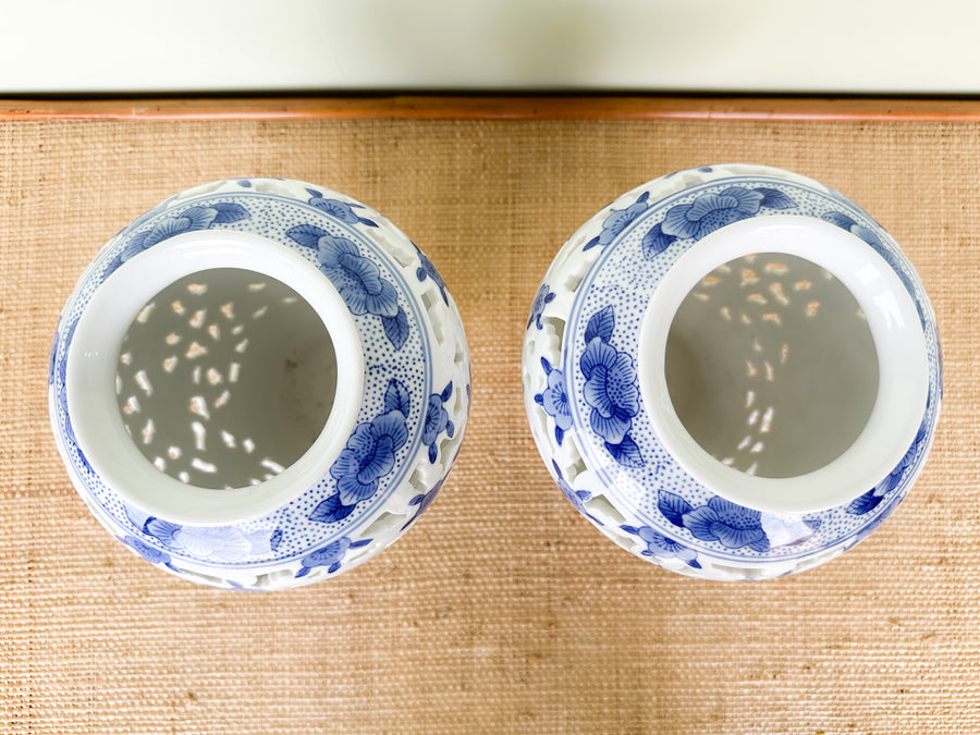 Pair of Blue and White Pierced Vases