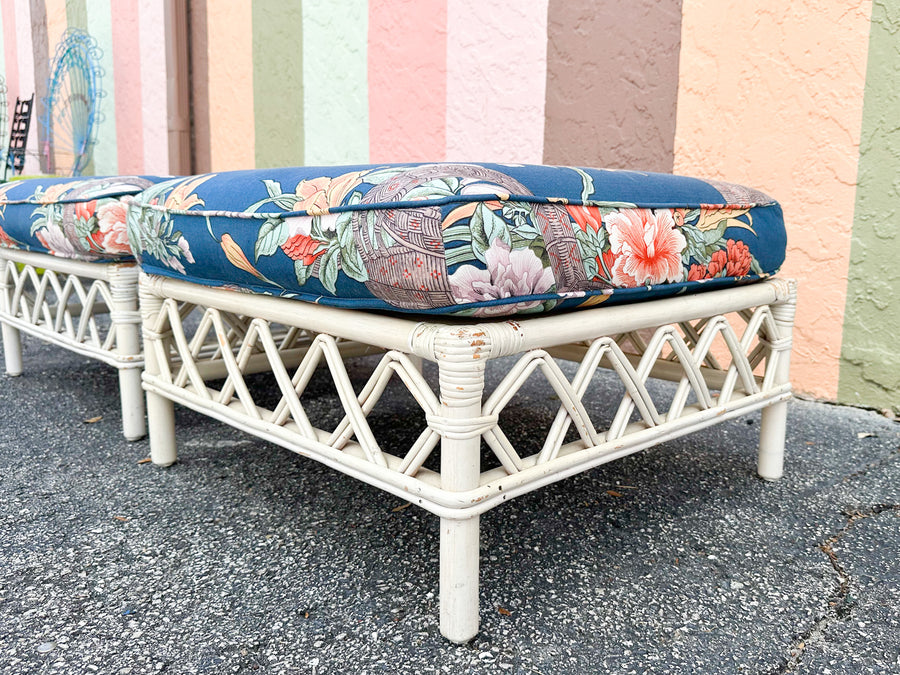 Pair of Ficks Reed Rattan Lounge Chairs and Ottomans
