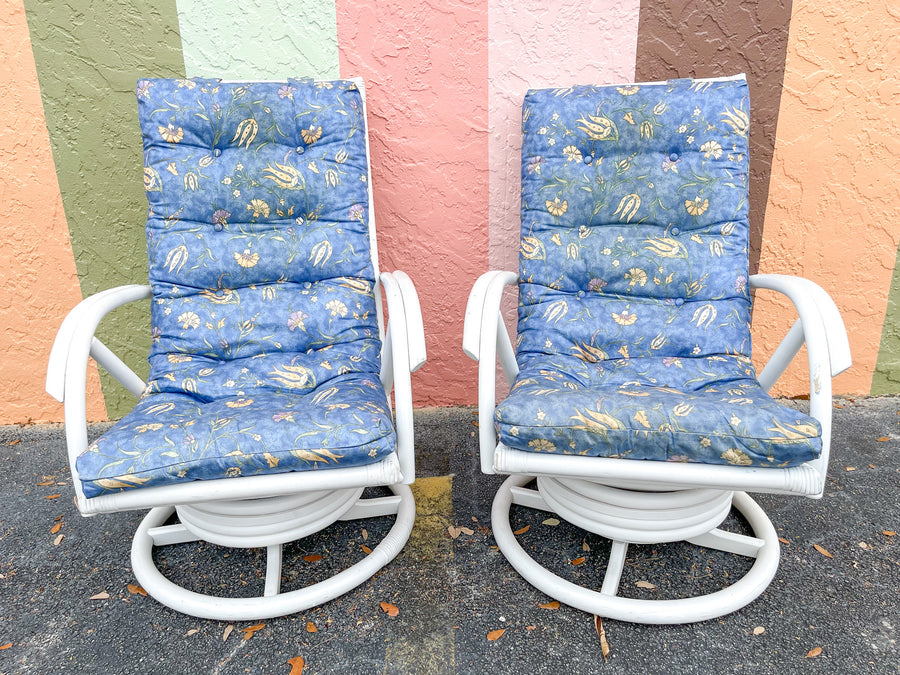Pair of Rattan Swivel Chairs and Ottoman