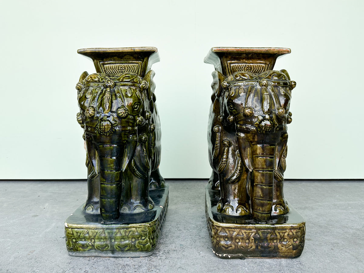 Pair of Terracotta Olive Green Elephant Garden Seats