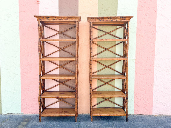 Pair of Island Style Tortoiseshell Rattan Etageres