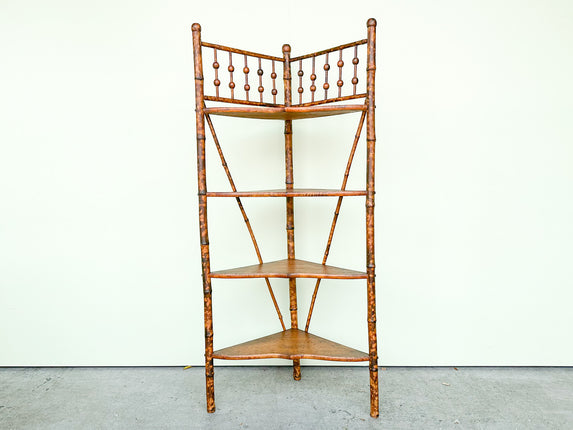 Tortoiseshell Rattan and Wood Corner Etagere