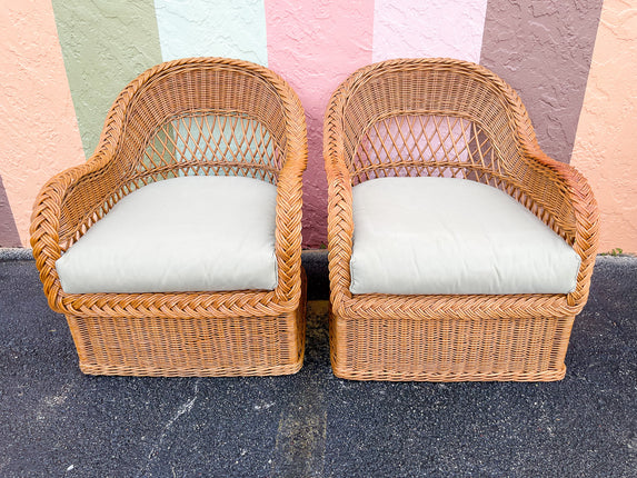 Pair of Braided Rattan Lounge Chairs