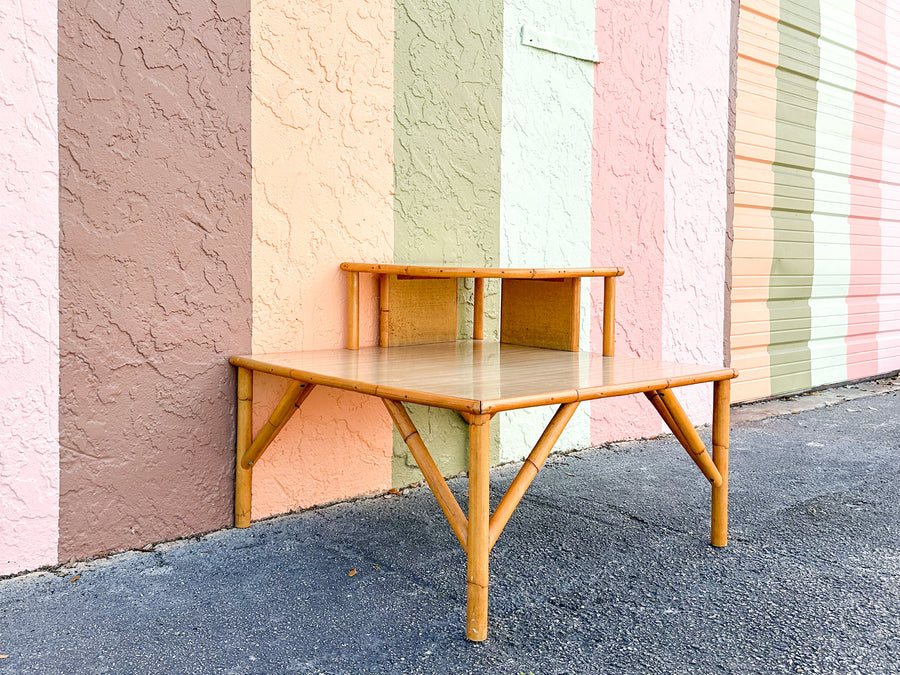 Old Florida Two Tier Rattan Corner Table