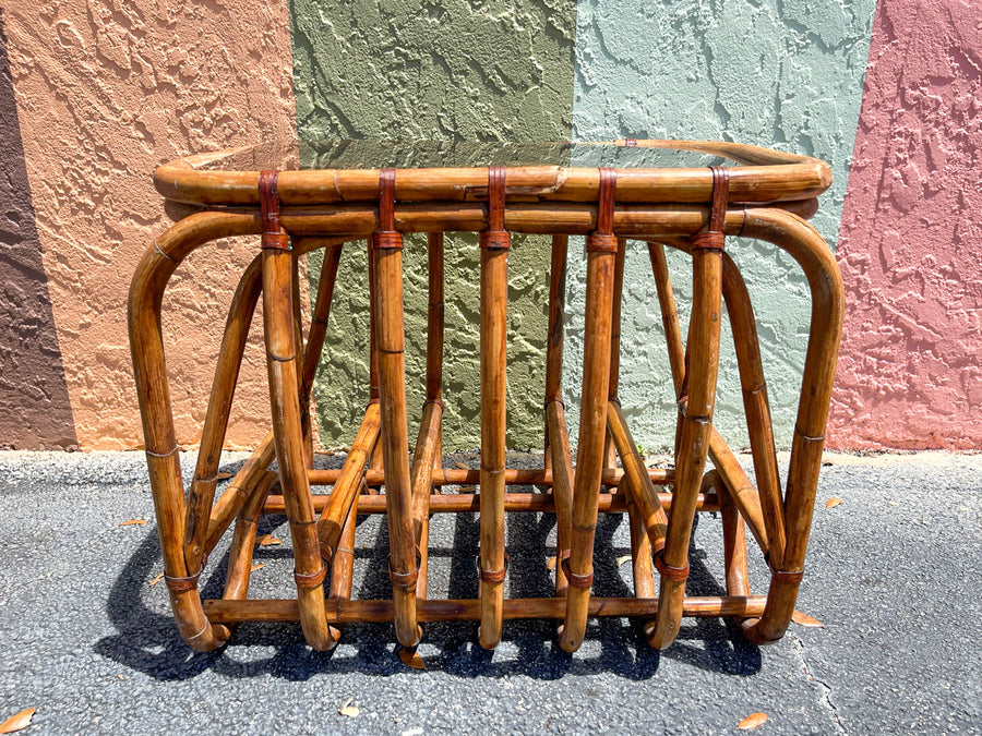 Pair of Rattan Lounge Chairs and End Table