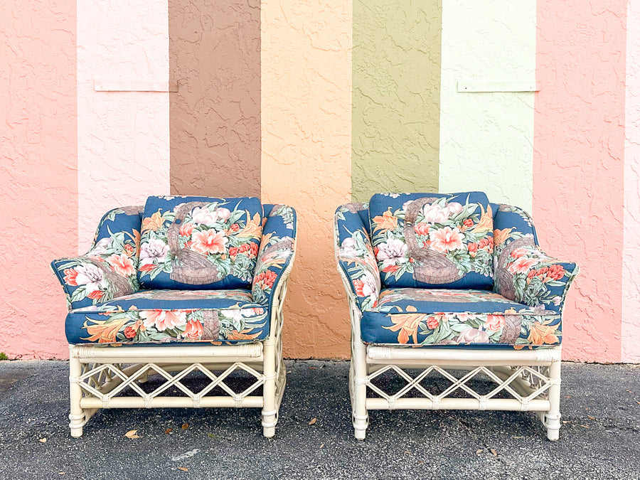 Pair of Ficks Reed Rattan Lounge Chairs and Ottomans