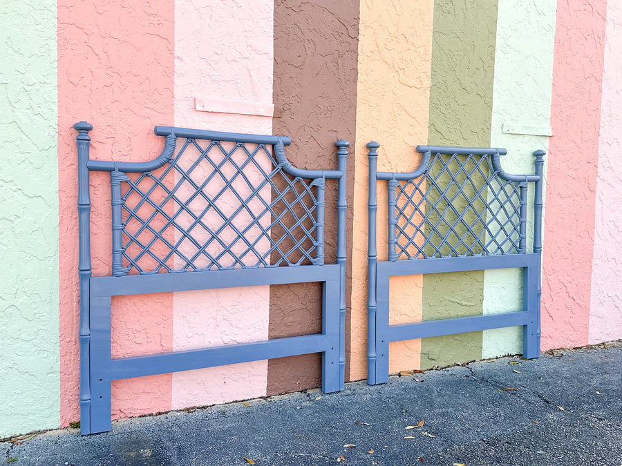 Pair of Cornflower Blue Ficks Reed Pagoda Twin Headboards