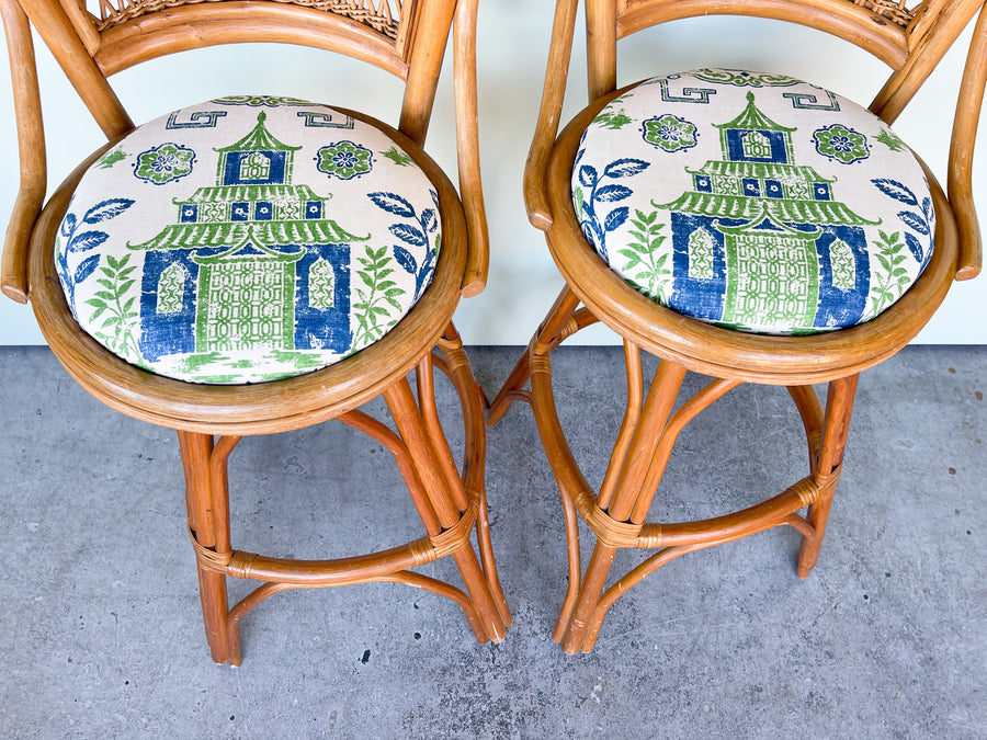 Pair of Rattan Pagoda Bar Stools