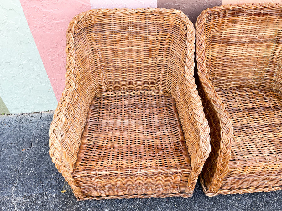 Pair of Braided Rattan Lounge Chairs