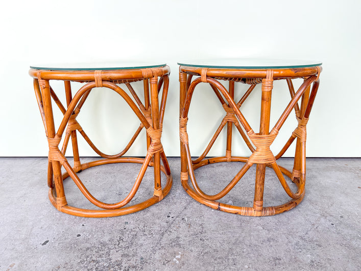 Pair of Island Style Rattan Drum Tables