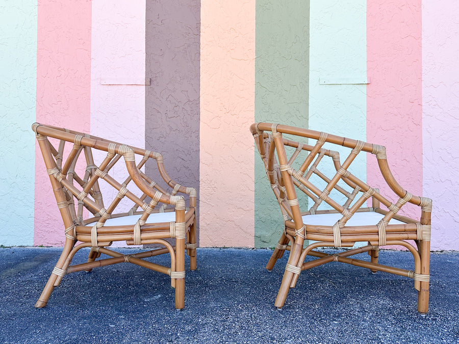 Pair of Chippendale Rattan Lounge Chairs