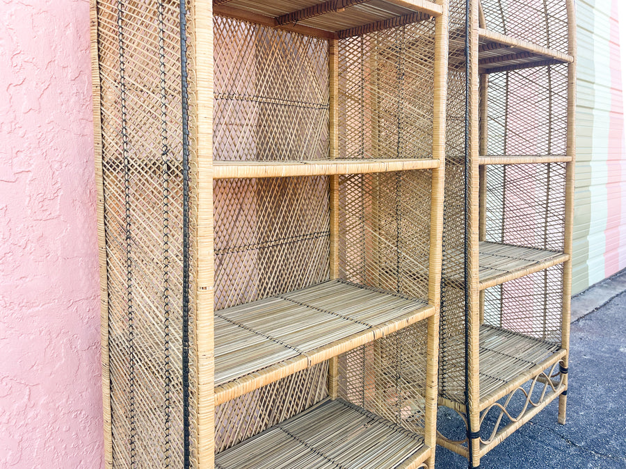 Pair of Coastal Buri Rattan Etageres
