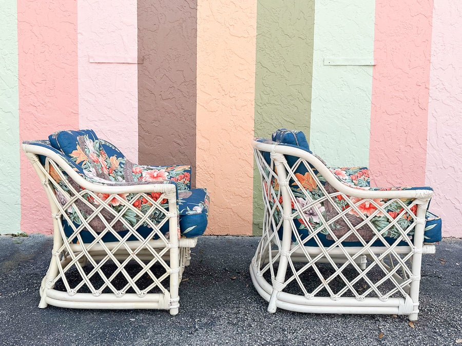 Pair of Ficks Reed Rattan Lounge Chairs and Ottomans