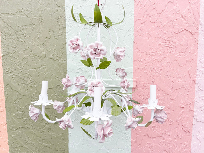 Porcelain Pink Rose Tole Chandelier