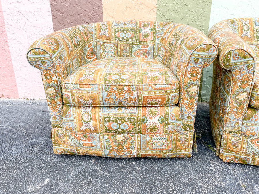 Pair of So 70s Upholstered Barrel Chairs
