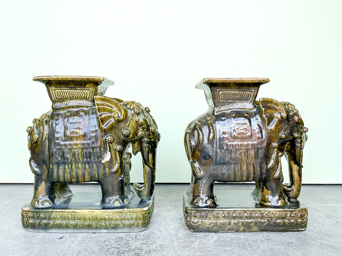 Pair of Terracotta Olive Green Elephant Garden Seats