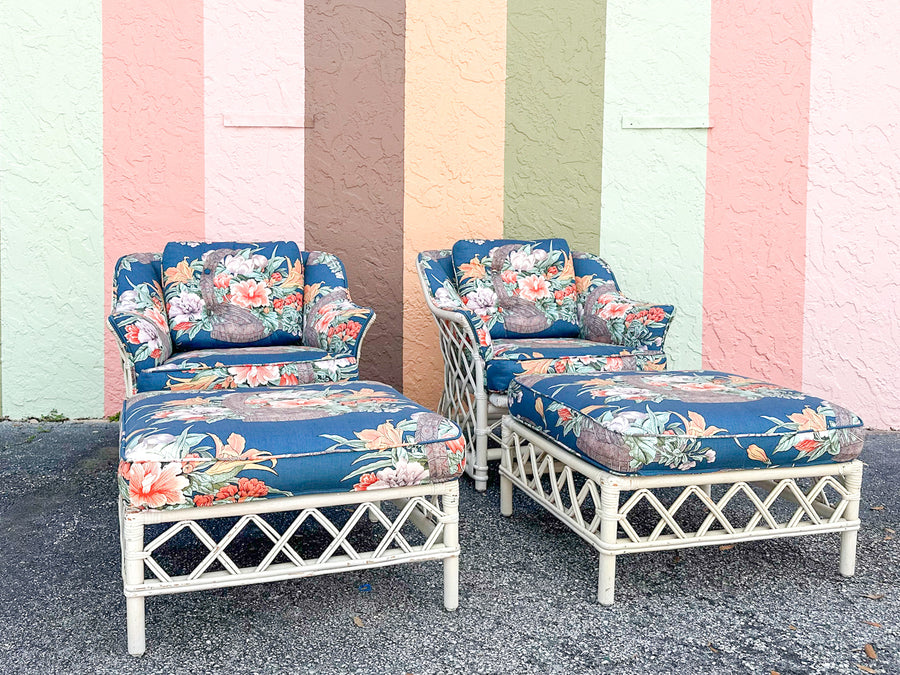 Pair of Ficks Reed Rattan Lounge Chairs and Ottomans