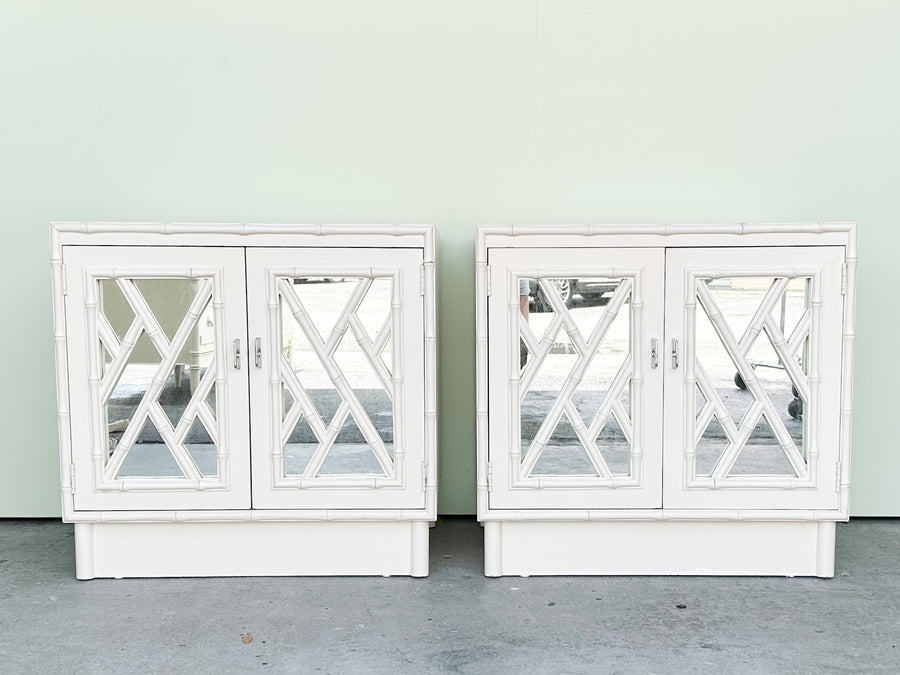 Pair of Faux Bamboo Mirrored Chippendale Nightstands