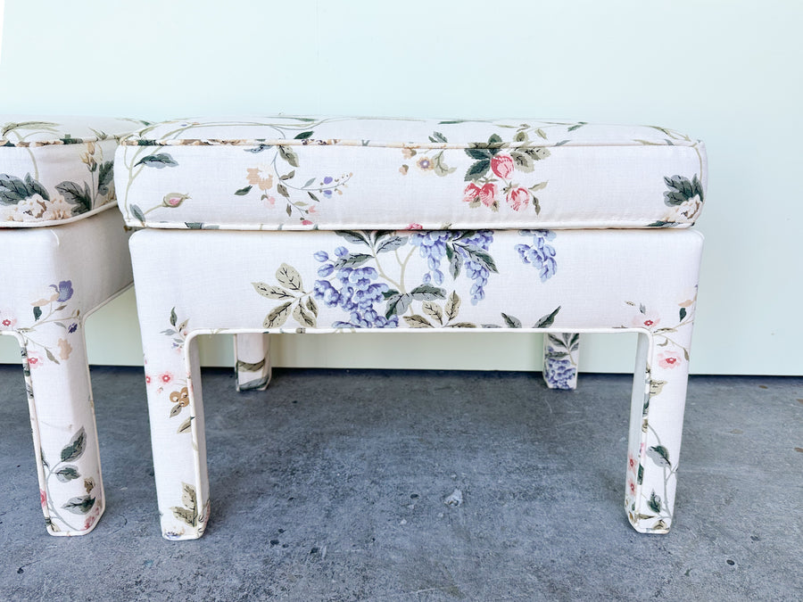 Pair of Upholstered Floral Parsons Stools