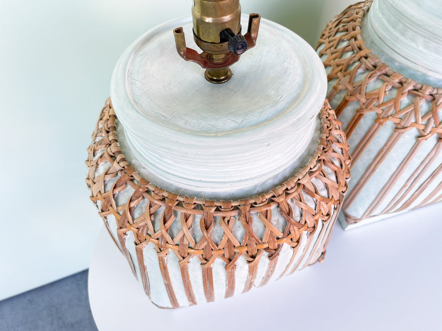 Pair of Rattan Wrapped Plaster Lamps