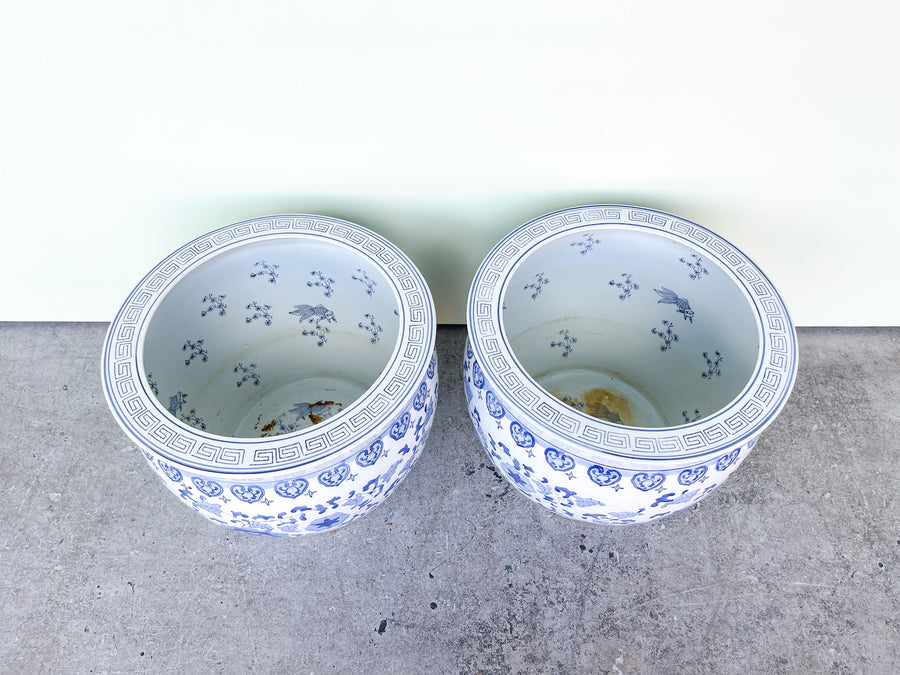 Pair of Large Blue and White Cachepots