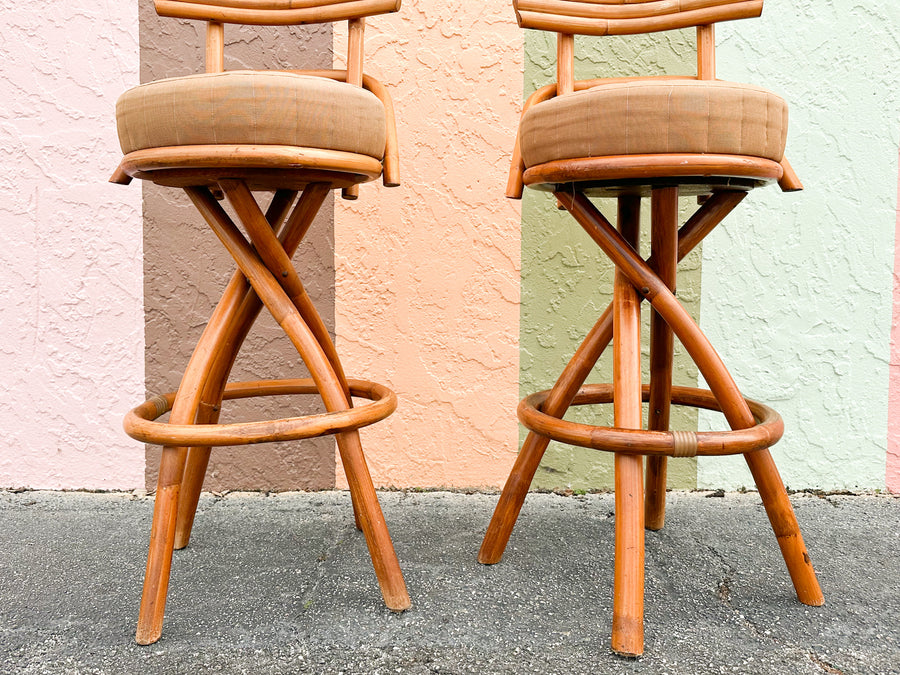 Pair of Old Florida Rattan Bar Stools