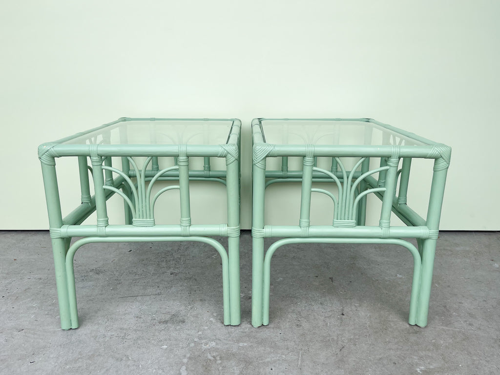 Pair of Sea Green Rattan End Tables