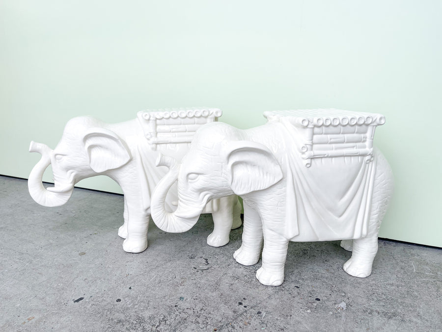 Pair of Modern White Ceramic Elephant Garden Seats