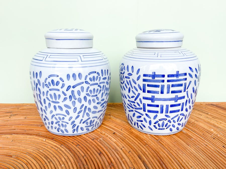 Pair of Blue and White Temple Jars