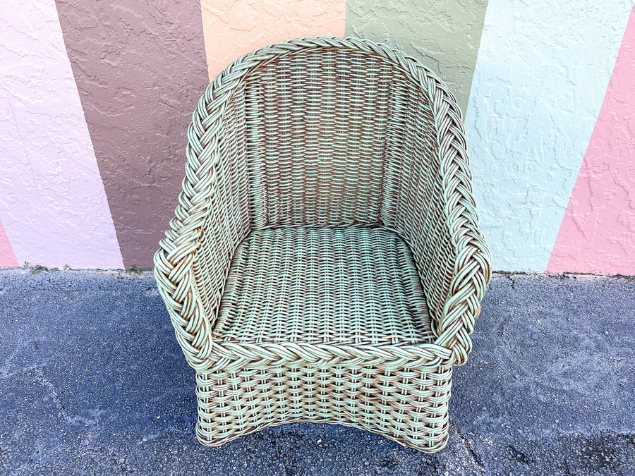 Pair of Braided Rattan Green Lounge Chairs
