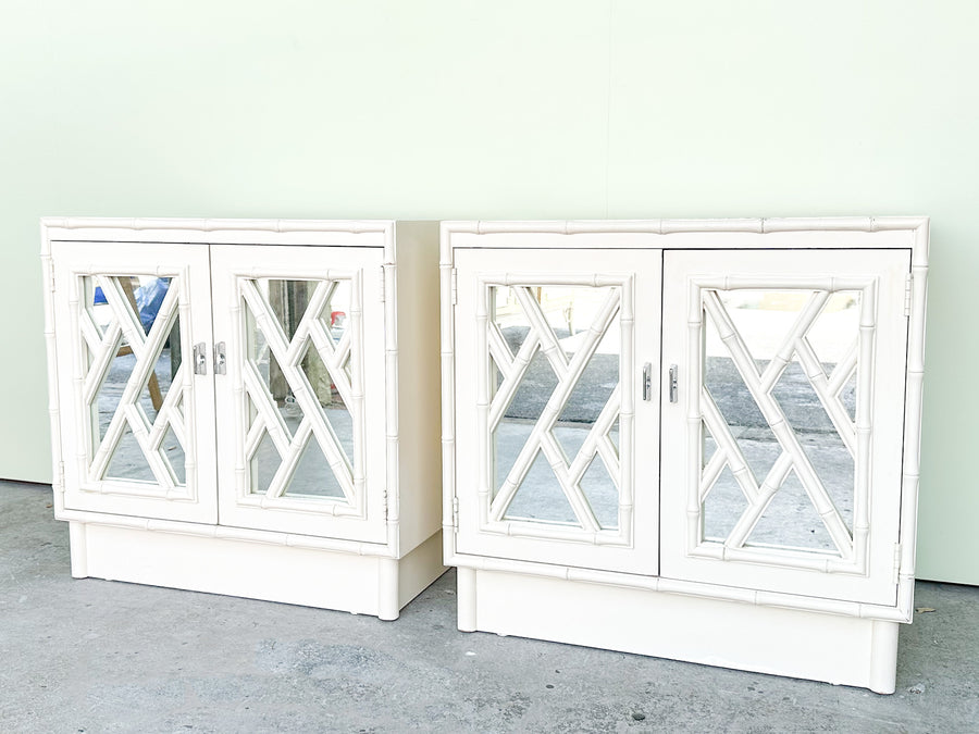 Pair of Faux Bamboo Mirrored Chippendale Nightstands