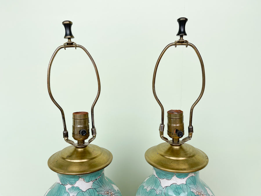 Pair of Teal Lotus Lamps