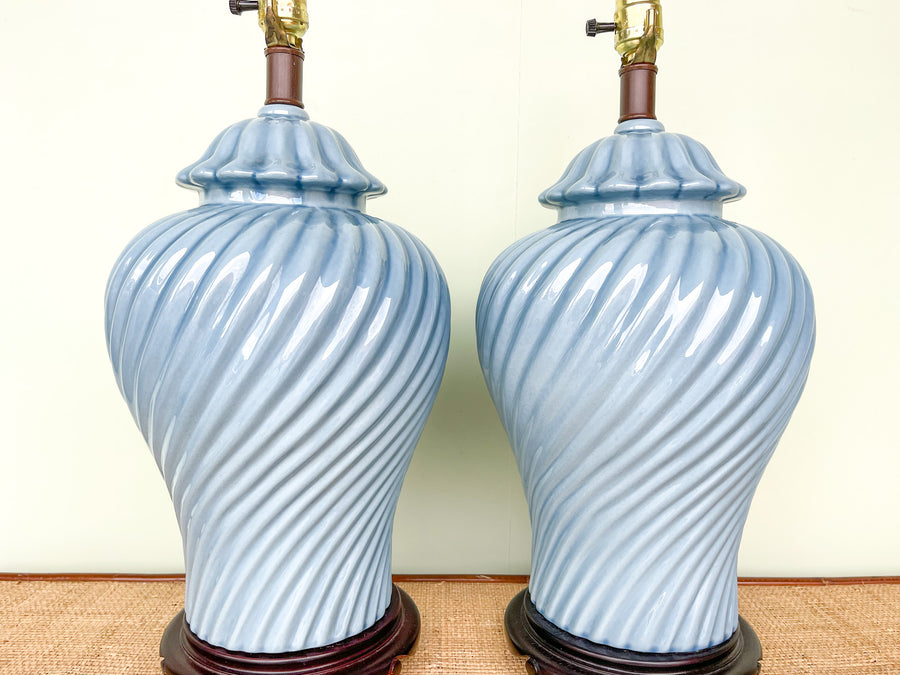 Pair of Sky Blue Twist Ceramic Ginger Jar Lamps