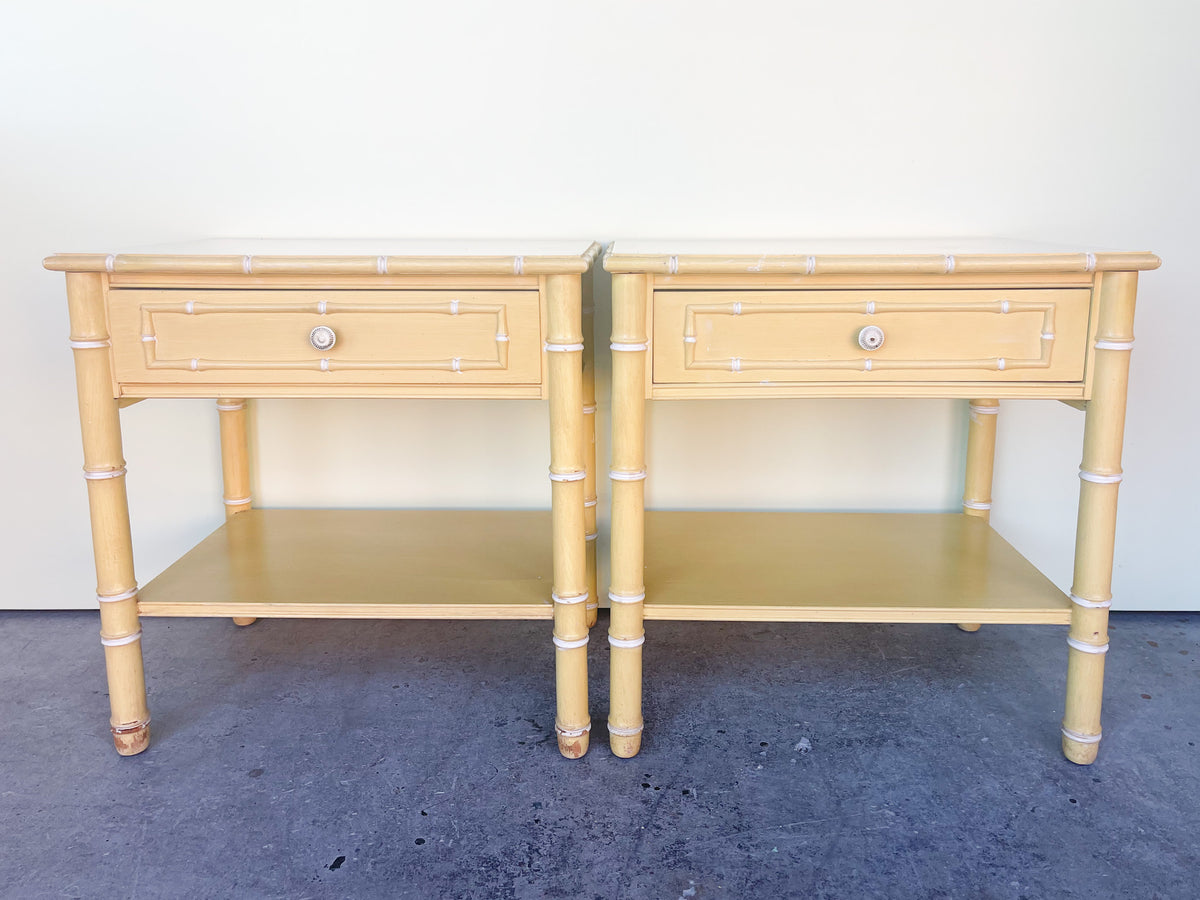 Pair of Yellow Thomasville Faux Bamboo Nightstands