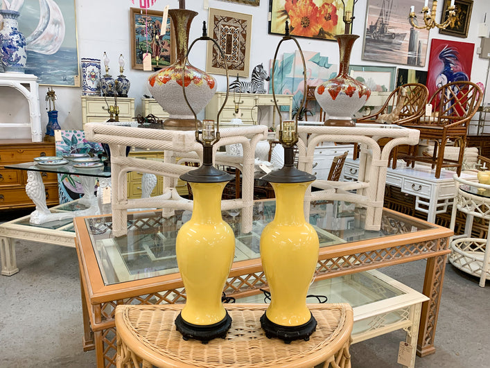 Pair of Canary Yellow Asian Inspired Lamps