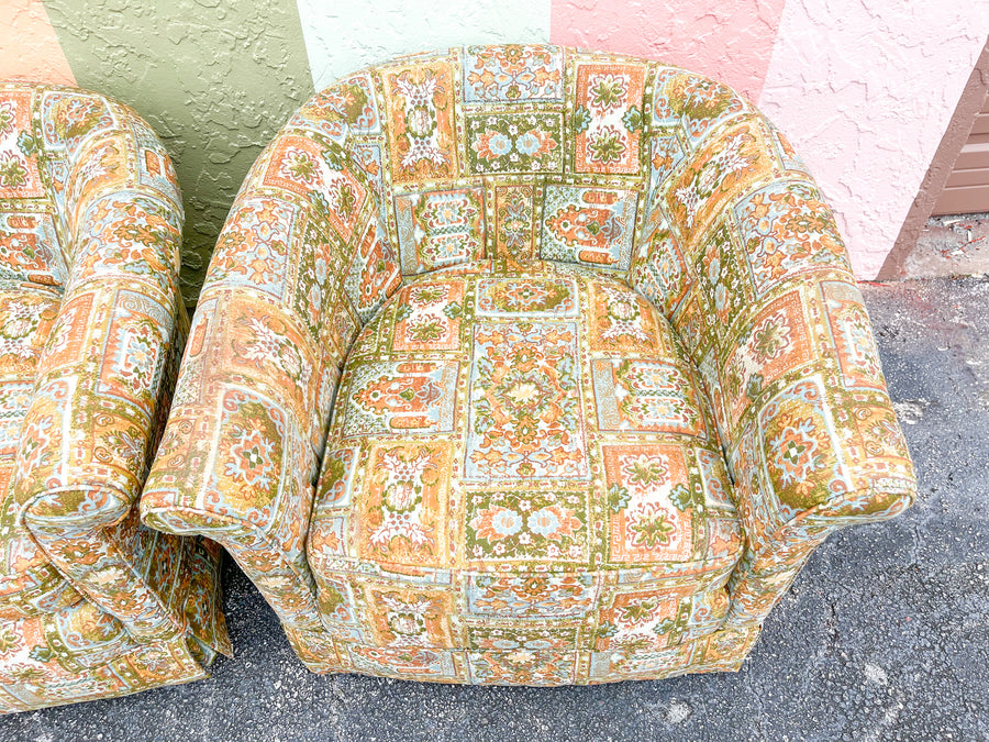 Pair of So 70s Upholstered Barrel Chairs