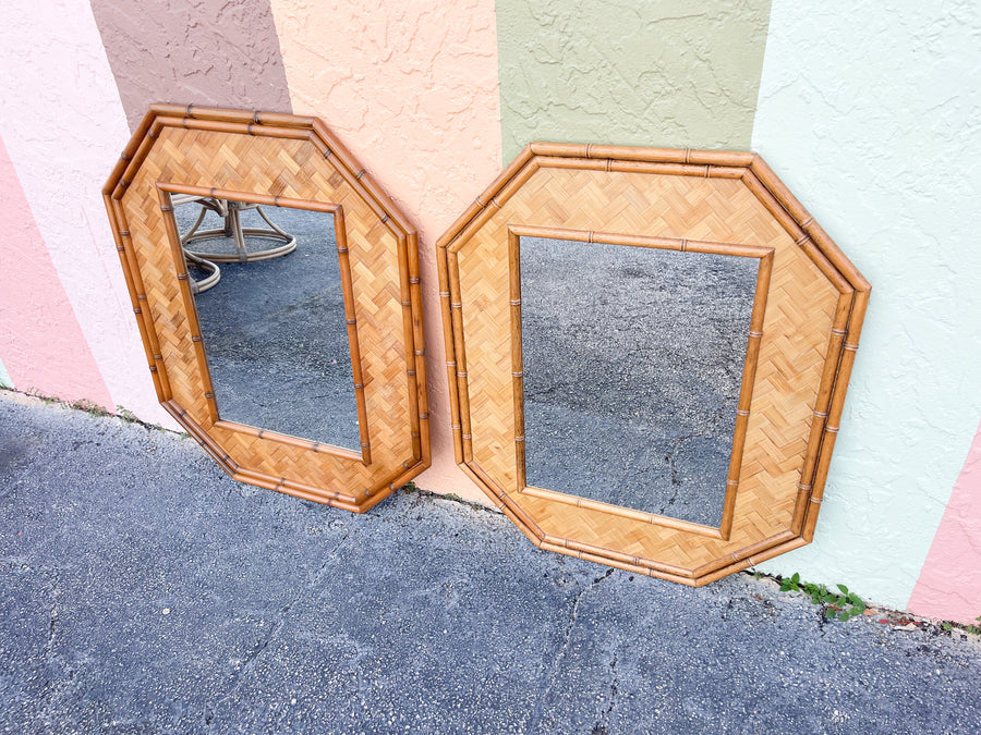 Pair of Faux Bamboo Rattan Octagon Mirrors