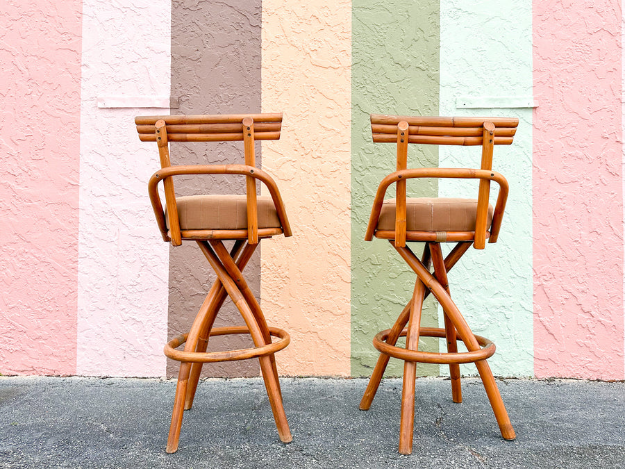 Pair of Old Florida Rattan Bar Stools