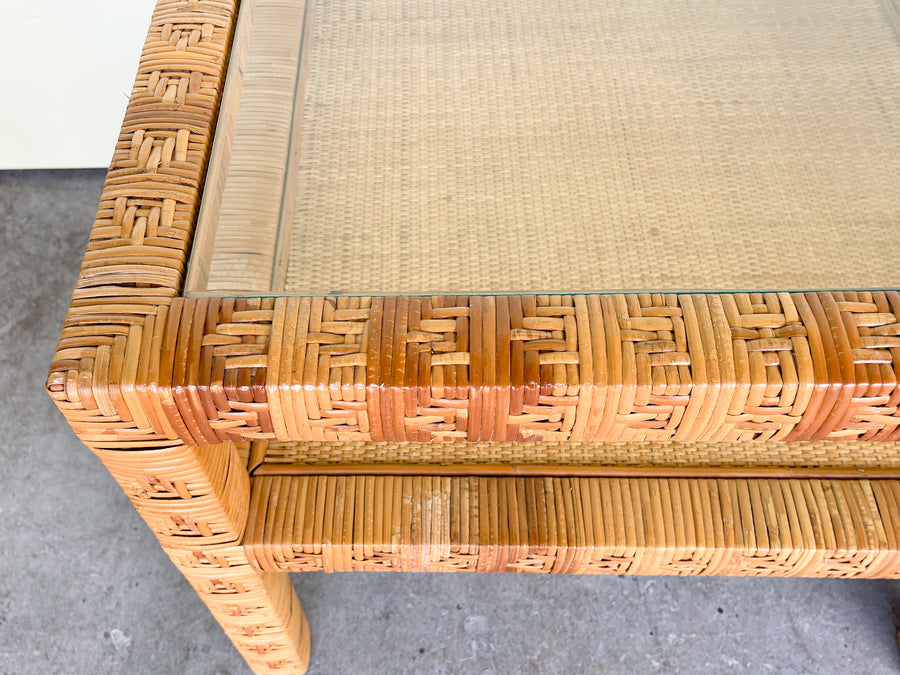 Pair of Billy Baldwin Style Rattan Wrapped Side Tables