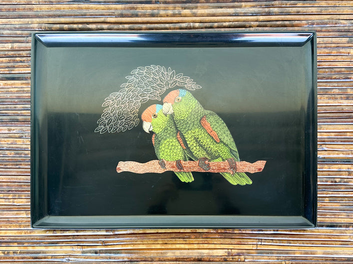 Couroc Tray with Wood and Brass Inlaid Macaws