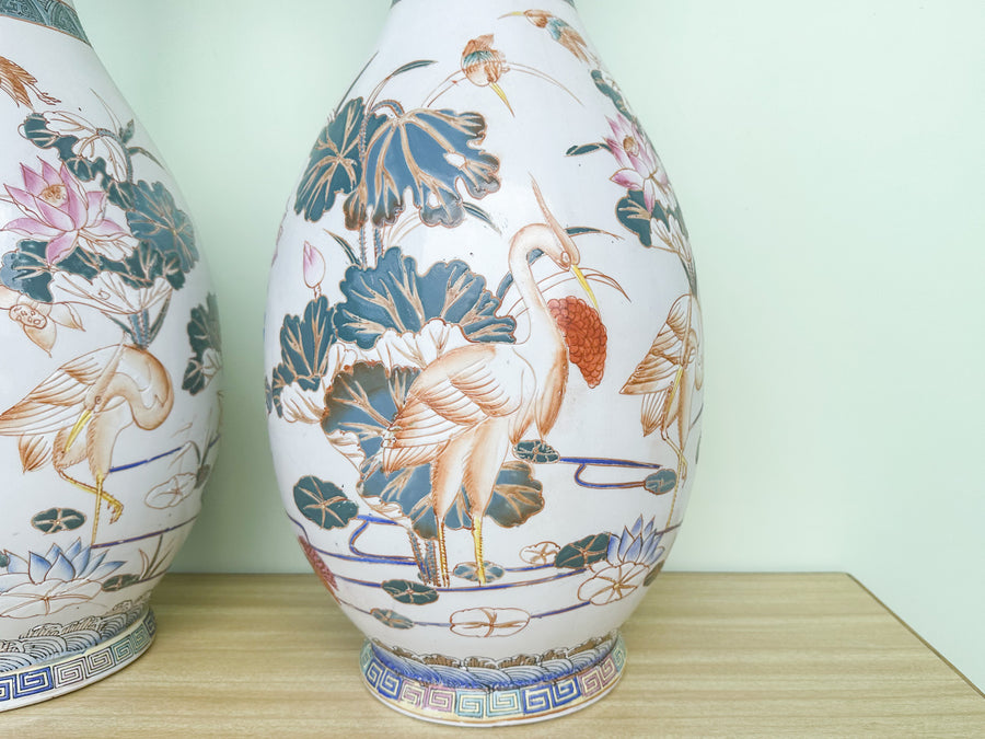 Pair of Large Colorful Heron Vases