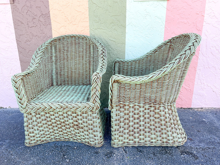Pair of Braided Rattan Green Lounge Chairs