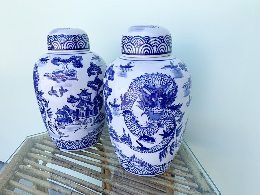 Pair of Blue and White Pagoda Ginger Jars