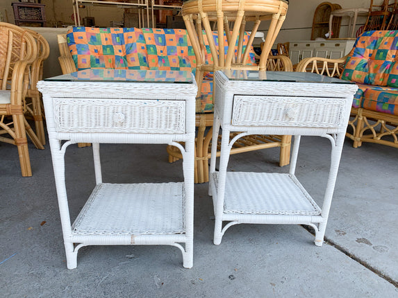 Pair of White Wicker Nightstands